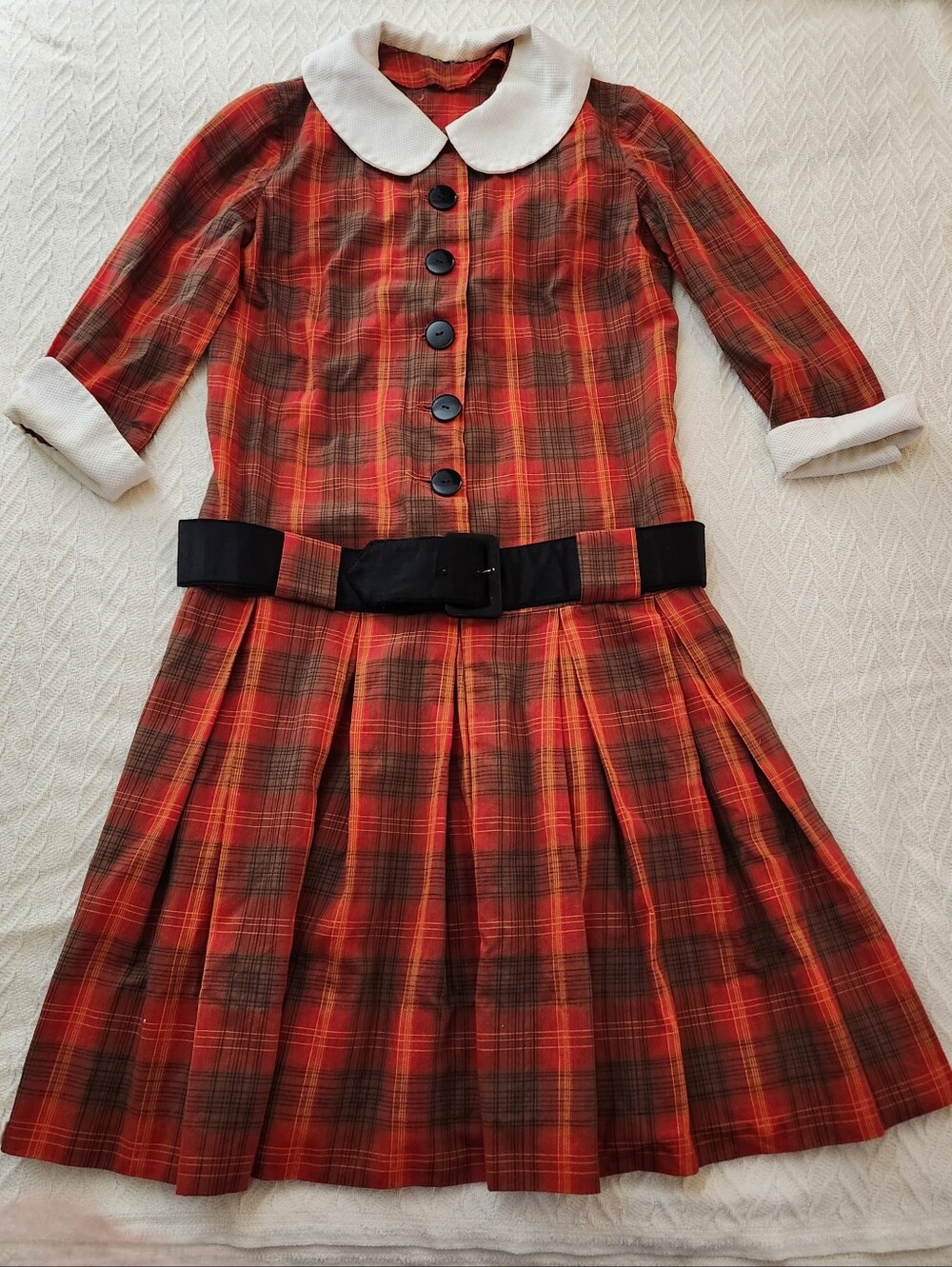 Vintage 1960s Red Plaid Drop Waist Button Front Belted Pleated Dress - Picture 6 of 15